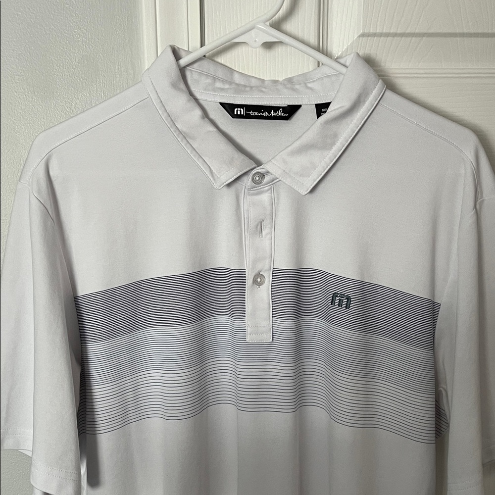 Travis Mathew White and Gray Striped Polo Shirt